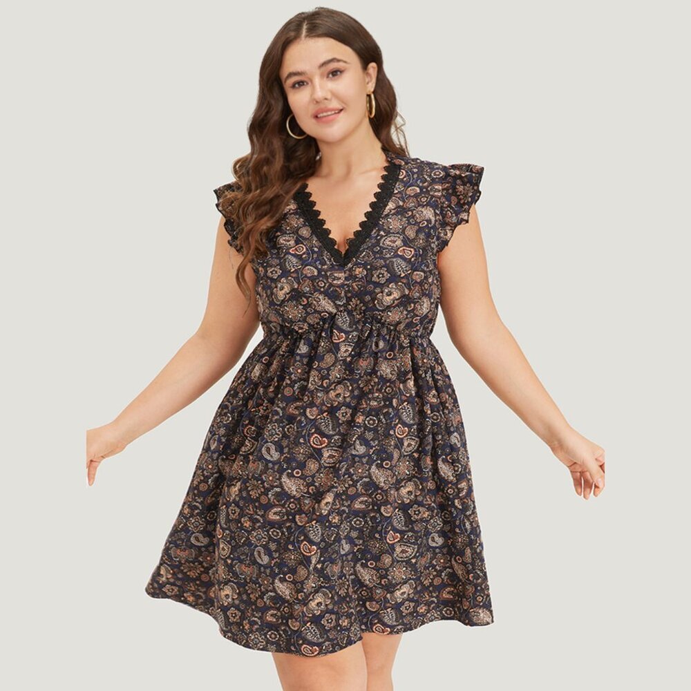 BloomChic Dark Blue Paisley Print Lace Elastic Waist Ruffle Cap Sleeve Dress